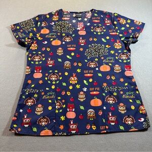 Zoe + Chloe‎ Thanksgiving Scrub Top M Blue Owl Turkey Pie Pilgrim Fall Nurse
